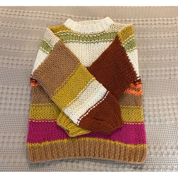 Listicle Hand Knit Sweater Crew Neck Color Block Oversized Large Rust Green Pink - Picture 3 of 8